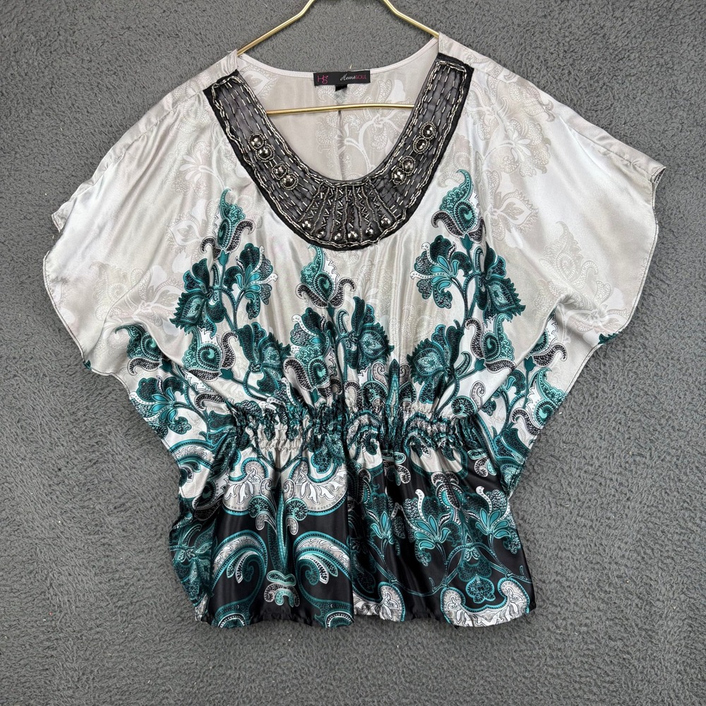 HeartSOUL Women S Gray Teal Paisley Beaded V-Neck Cinched Waist Dolman Top